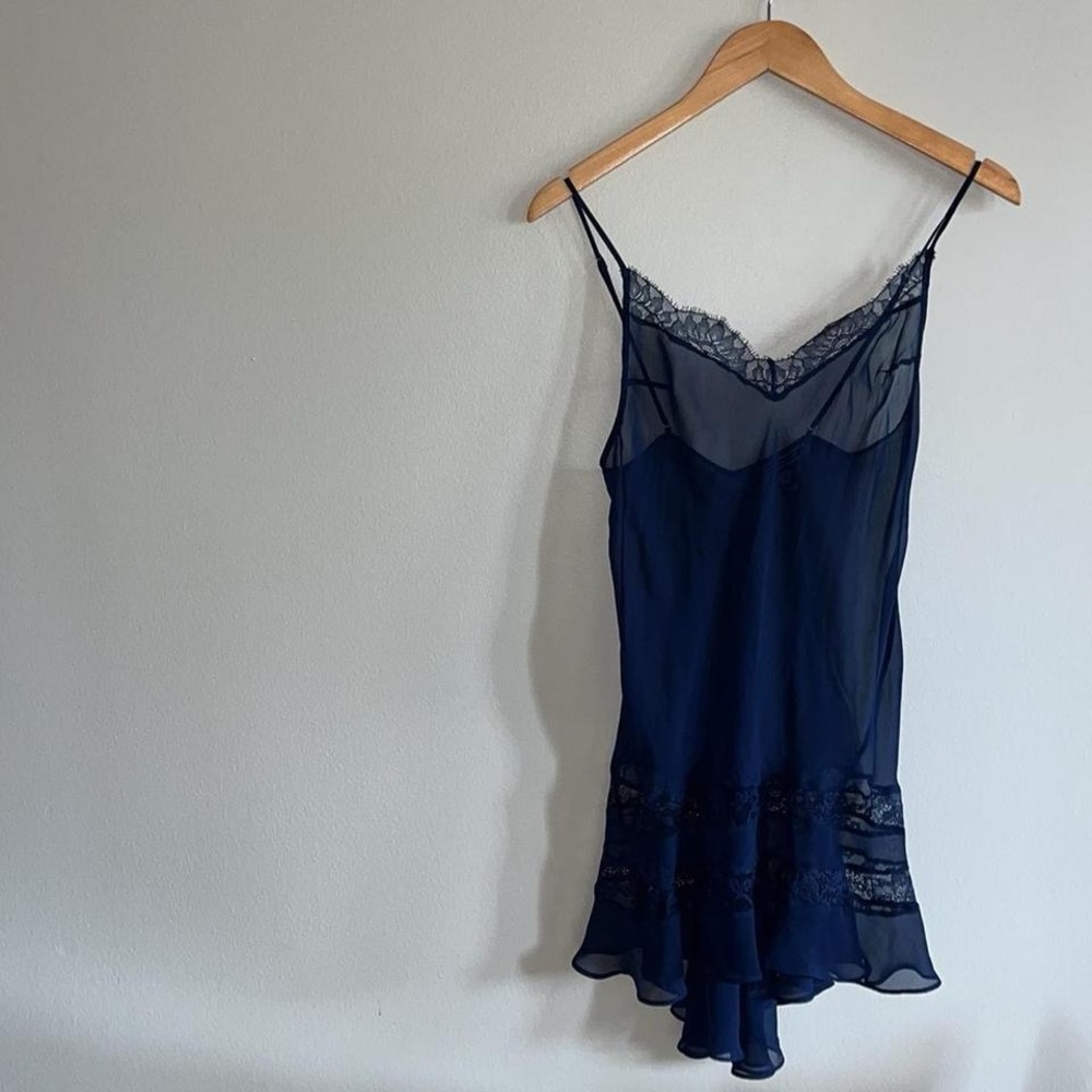 Victoria’s Secret Navy Sheer Polyester Chiffon & Lace Negligee Slip Dress